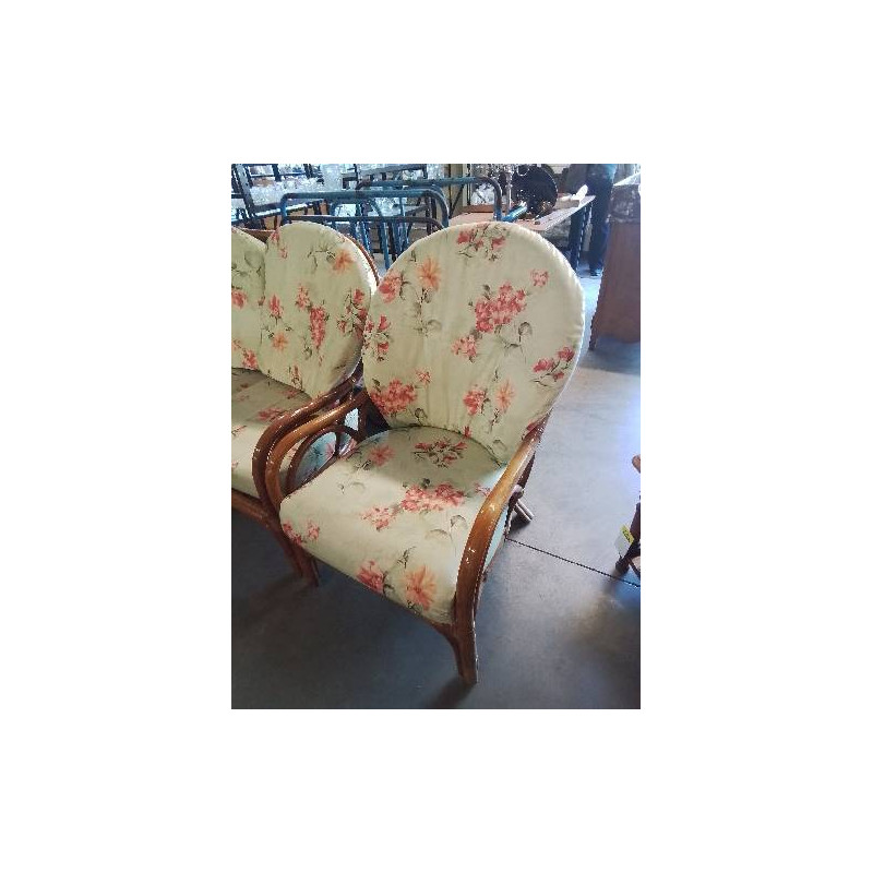 FAUTEUIL ROTIN COUSSINS ASSISE ET DOSSIER TISSU VERT FLEURI 