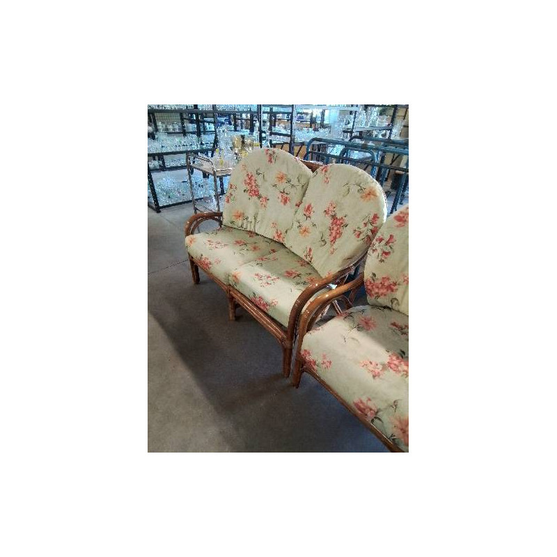 CANAPÉ 2 PLACES ROTIN COUSSINS ASSISE ET DOSSIER TISSU VERT FLEURI 