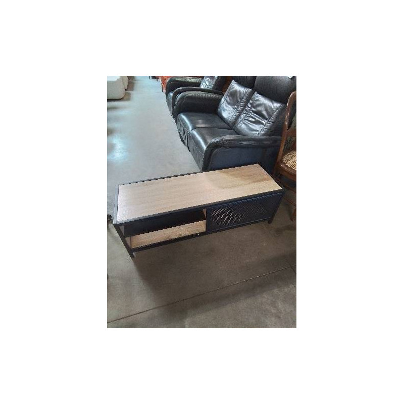 MEUBLE TV BAS PIÈTEMENT MÉTAL NOIR PLATEAUX BOIS CLAIR 1 PORTE COULISSANTE 2 NICHES