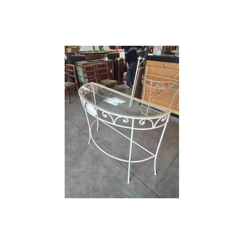 CONSOLE DEMI LUNE FER FORGÉ BLANC PLATEAU VERRE