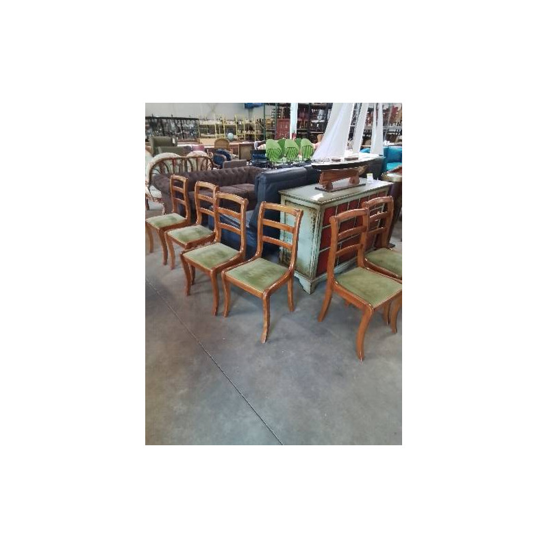 6 CHAISES BOIS CLAIR ASSISE CAPITONNÉ TISSU VERT