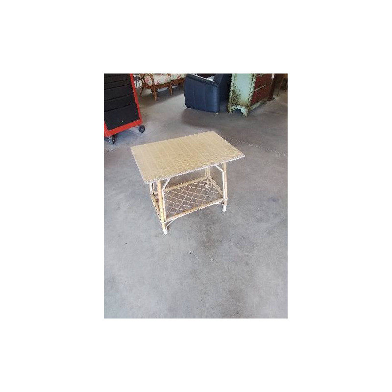 TABLE BASSE RECTANGULAIRE ROTIN PLATEAU BOIS CLAIR ANNÉES 50