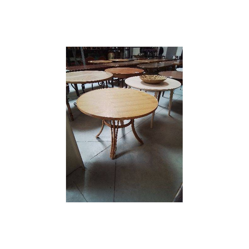 TABLE RONDE ROTIN ET VANNERIE PLATEAU BOIS CLAIR ANNÉES 60 101X72CM