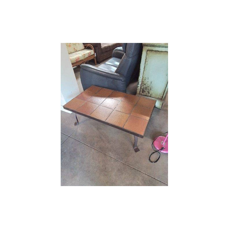 TABLE BASSE RECTANGULAIRE PIÈTEMENT FER FORGÉ PLATEAU CARRELÉ ANNÉES 50