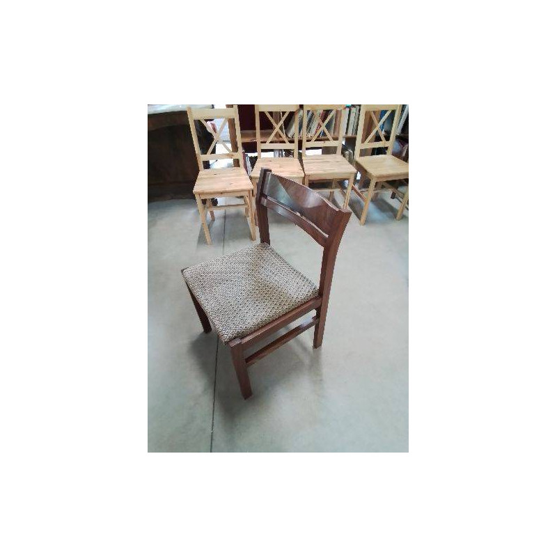 CHAISE TECK ASSISE CAPITONNÉ TISSU TAUPE AUX LOSANGES ANNES 60/70