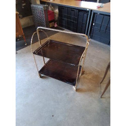 CHARIOT DE BAR PLIANT LAITON 2 PLATEAUX FORMICA MARRON GERLINOL ANNÉES 70