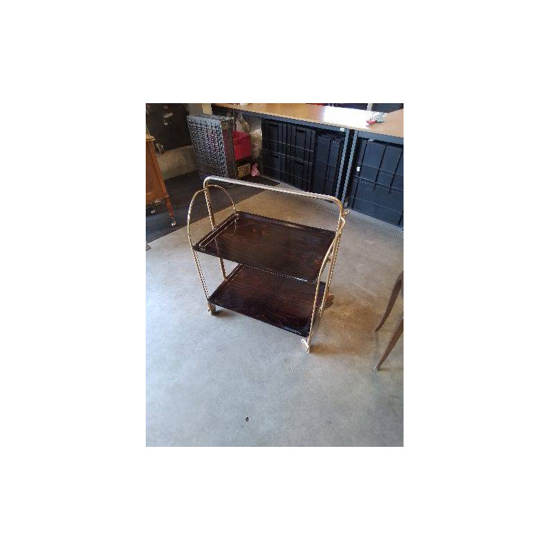 CHARIOT DE BAR PLIANT LAITON 2 PLATEAUX FORMICA MARRON GERLINOL ANNÉES 70
