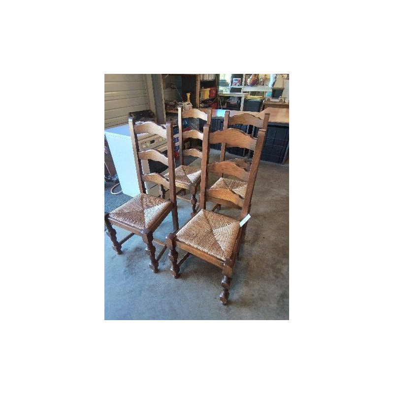 6 CHAISES BOIS PAILLÉ A ENTRETOISE PIEDS BALUSTRE HAUT DOSSIER 
