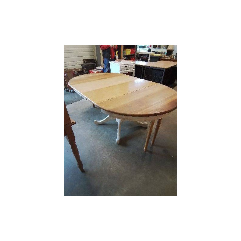 TABLE RONDE EXTENSIBLE SUR FUT CENTRAL BOIS BLANC CÉRUSE PLATEAU BOIS CLAIR 2 RALLONGES39CM  120X75C
