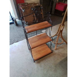 ÉTAGÈRE FER FORGÉ NOIR 3 TABLETTES BOIS CLAIR