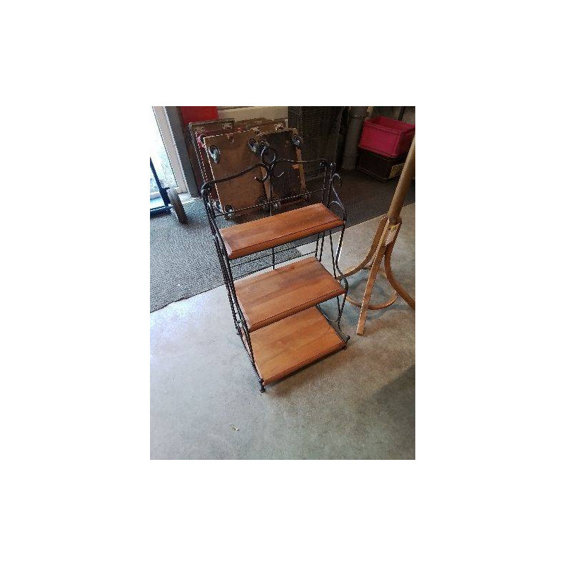 ÉTAGÈRE FER FORGÉ NOIR 3 TABLETTES BOIS CLAIR