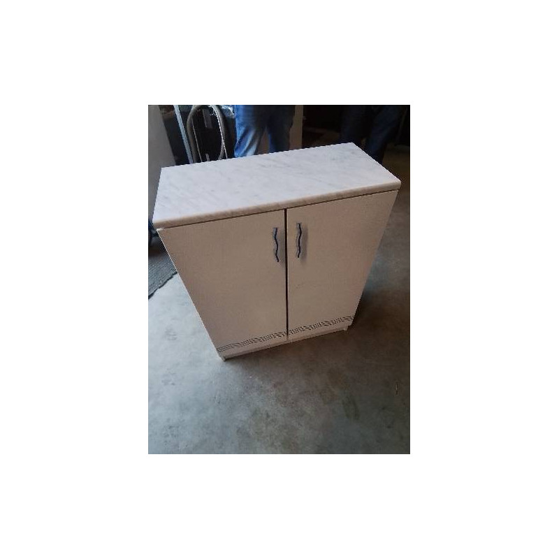 MEUBLE DE SALLE DE BAIN BOIS BLANC LISERÉ BLEU 2 PORTES 