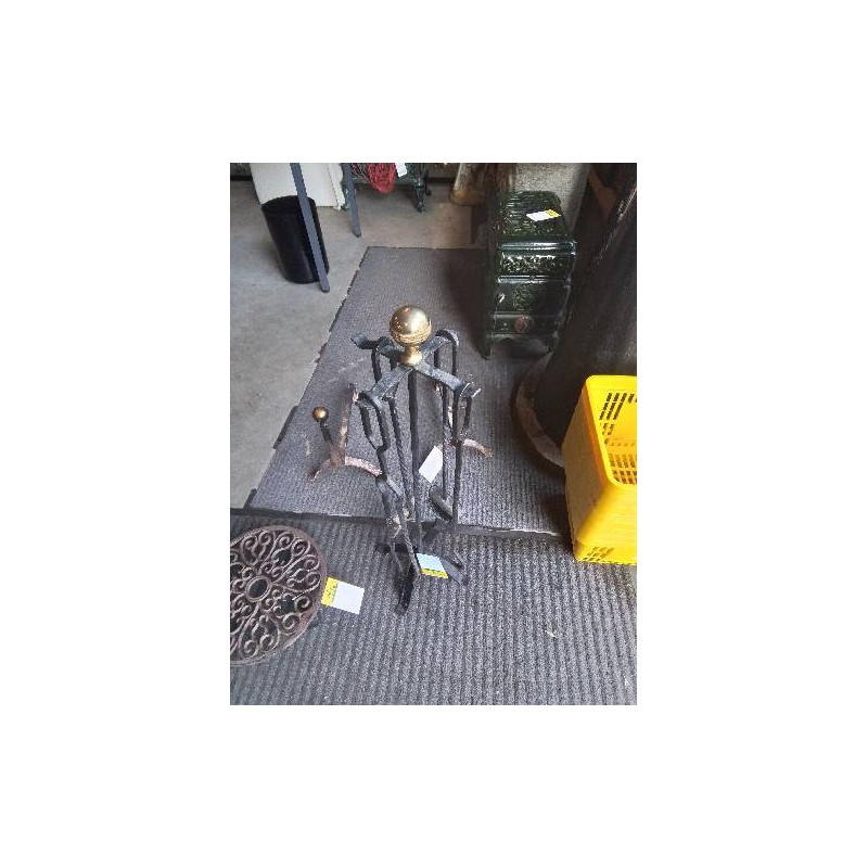 SERVITEUR DE CHEMINÉE FER FORGÉ BOULE METAL DORÉ 