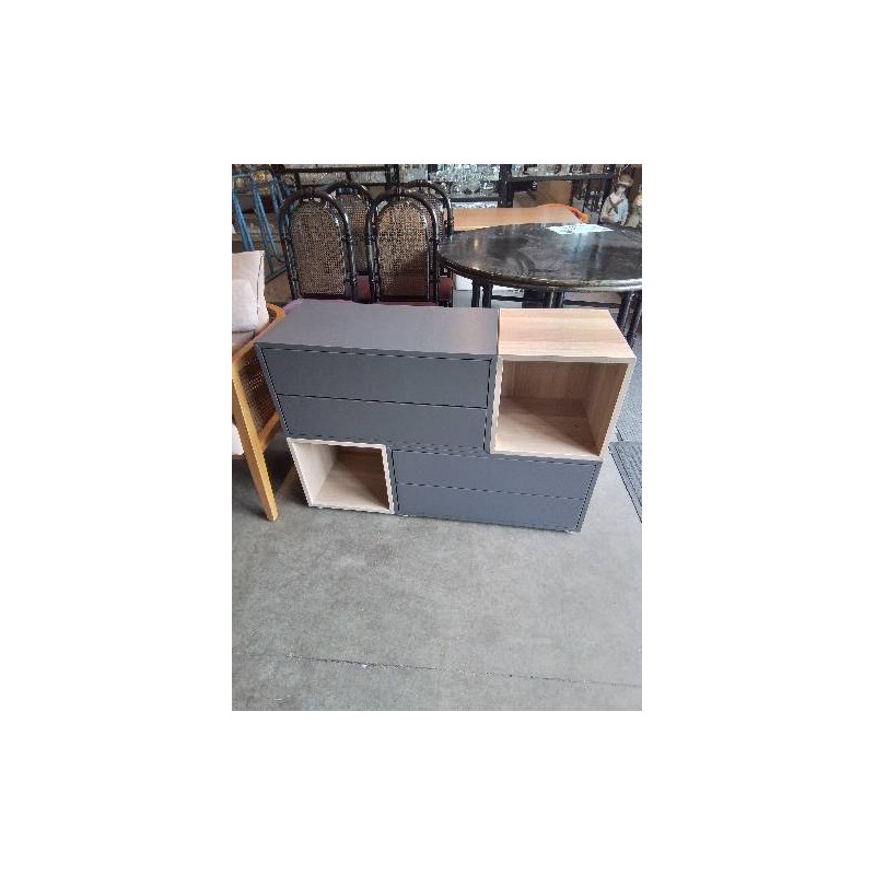 BUFFET BOIS CLAIR ET GRIS 4 TIROIRS 2 NICHES IKEA