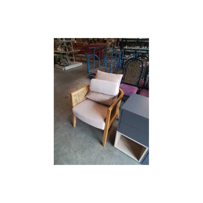 FAUTEUIL BOIS CLAIR CANNÉ ASSISE TISSU ROSÉ ATMOSPHÈRA 