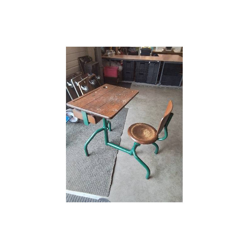 BUREAU ENFANT 1 PLACE MÉTAL PEINT VERT ASSISE ET PLATEAU BOIS XXE
