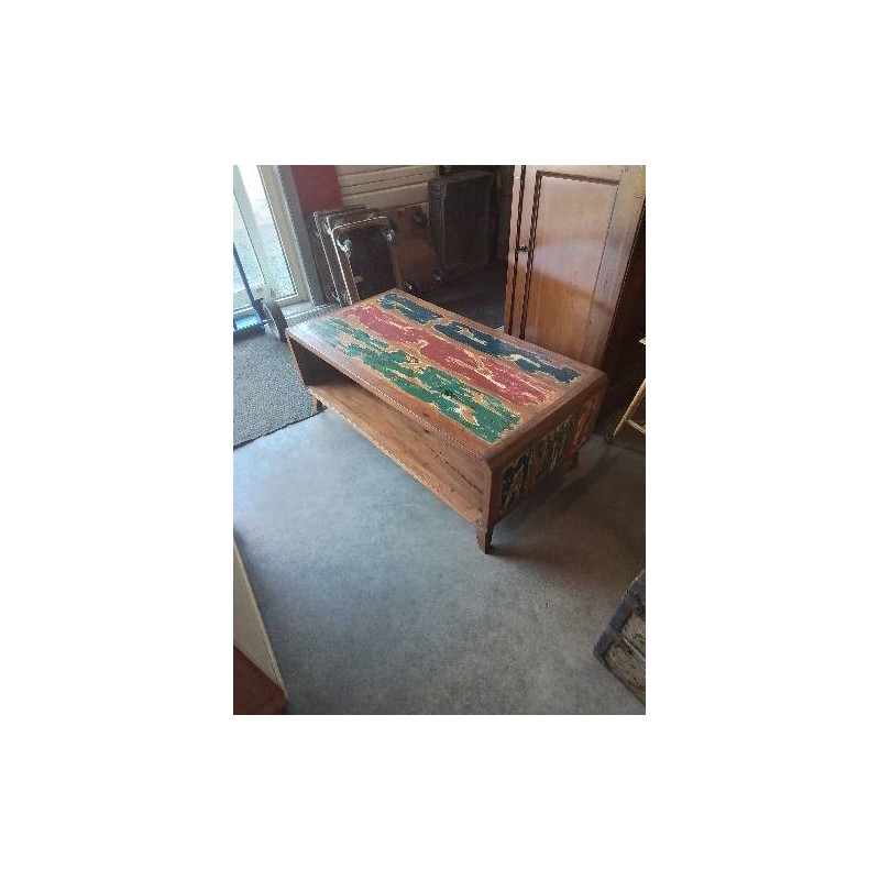 TABLE BASSE RECTANGULAIRE 1 NICHE BOIS EXOTIQUE PEINT VERT BLEU ROUGE