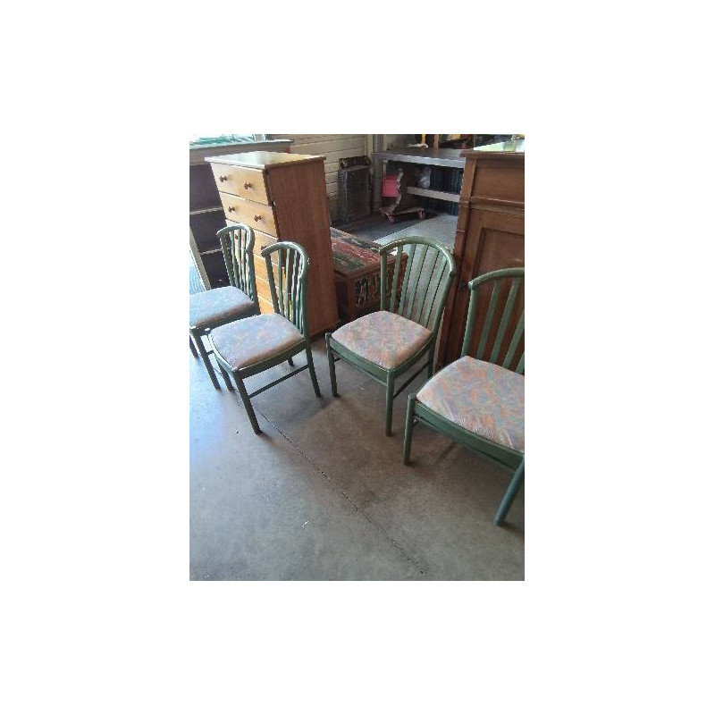 4 CHAISES BOIS VERT A BARREAUX ASSISE CAPITONNÉ TISSU COLORÉ 