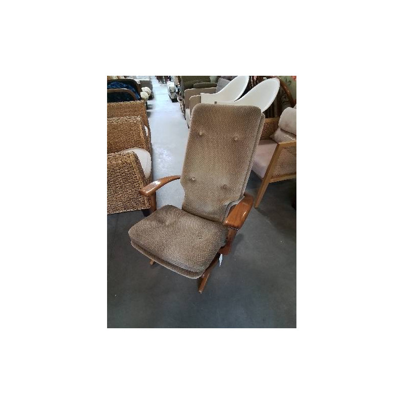 FAUTEUIL POLY X PAR POLYCONFORT BOIS CLAIR  TISSU BEIGE ANNÉES 70