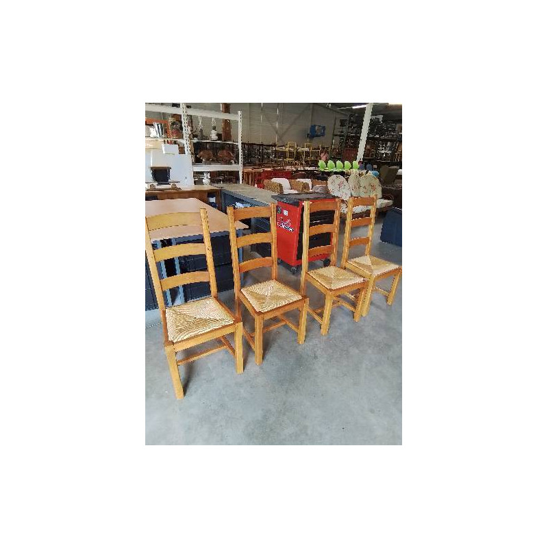 4 CHAISES BOIS CLAIR PAILLÉ A ENTRETOISE DOSSIER 3 BARREAUX