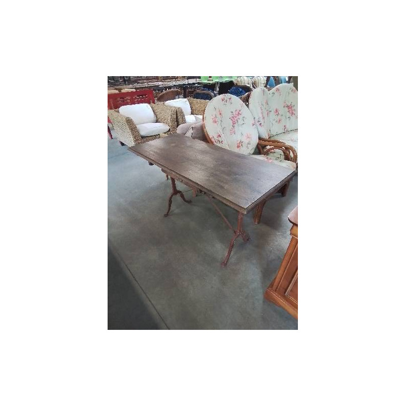 TABLE BISTROT RECTANGULAIRE PIÈTEMENT FONTE PEINT MARRON PLATEAU BOIS 1 TIROIR DÉBUT XXE