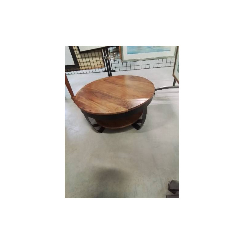 TABLE BASSE RONDE FER FORGÉ ET BOIS 2 NIVEAUX 
