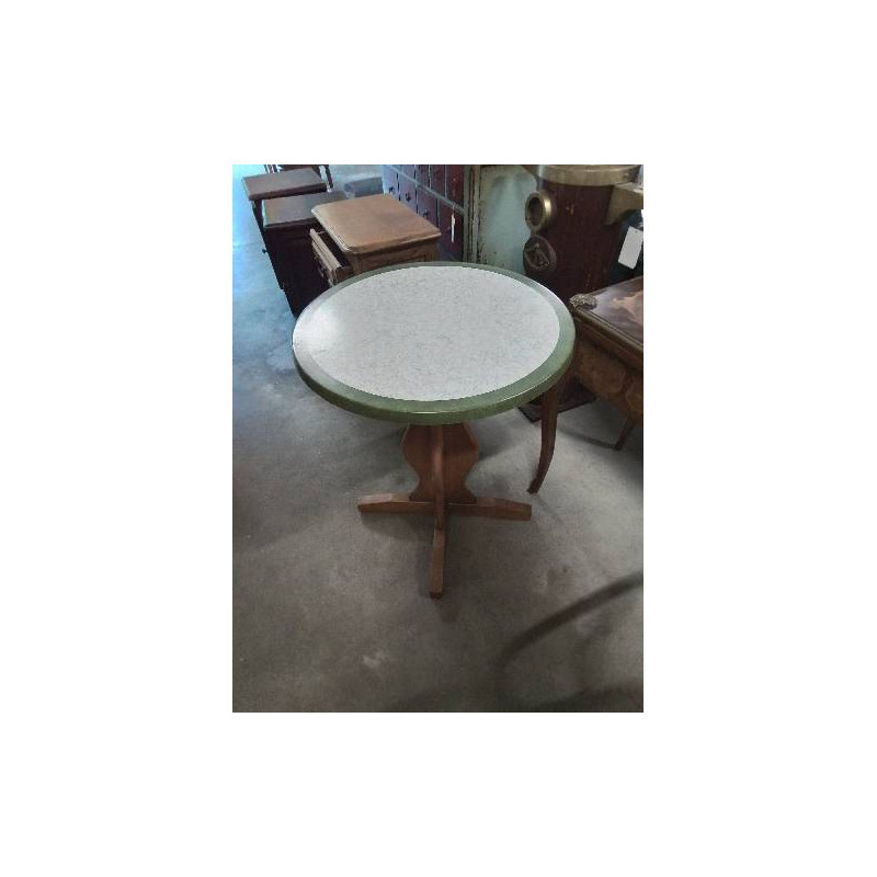 TABLE RONDE BISTROT PIÈTEMENT BOIS CLAIR PLATEAU RESINE LISERÉ VERT