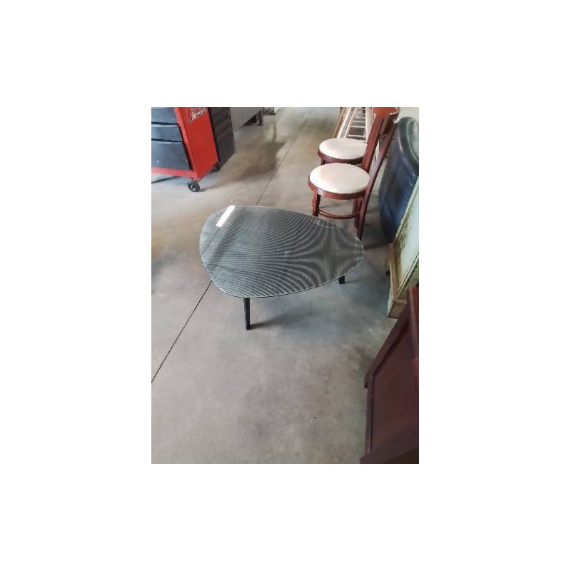 TABLE BASSE TRIANGULAIRE PIÈTEMENT BOIS NOIR PLATEAU VERRE