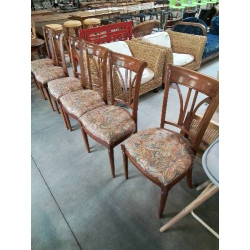 6 CHAISES BOIS DOSSIER BARREAUX VERTICAUX ASSISE  TISSU COLORÉ 