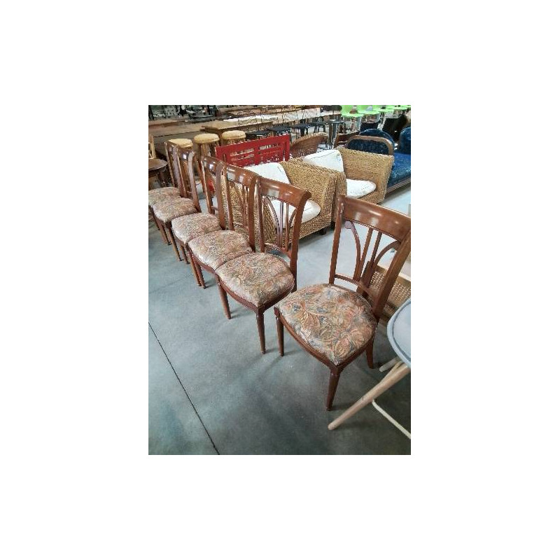 6 CHAISES BOIS DOSSIER BARREAUX VERTICAUX ASSISE  TISSU COLORÉ 