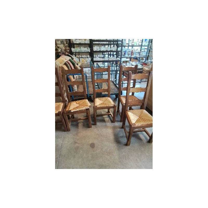 6 CHAISES BOIS PAILLÉ A ENTRETOISE DOSSIER 3 BARREAUX CHANTOURNÉ 