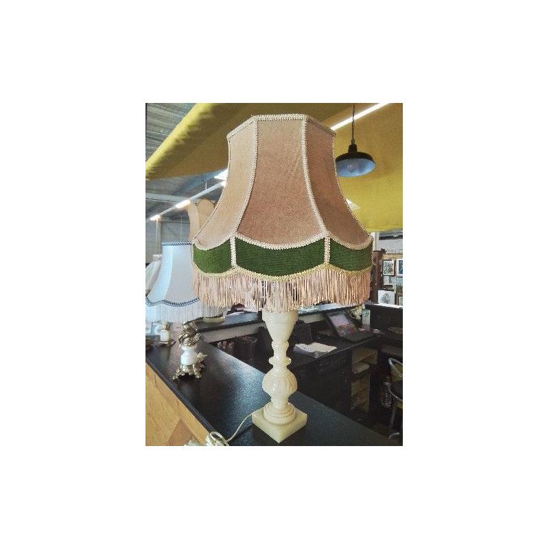 LAMPE ALBATRE ECRU AJ ROSE VELOURS VERT A FRANGES 