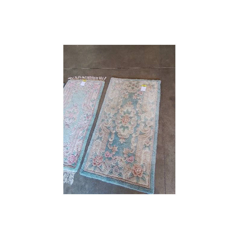 TAPIS LAINE FAIT MAIN BLEU ECRU ROSE 128X69CM