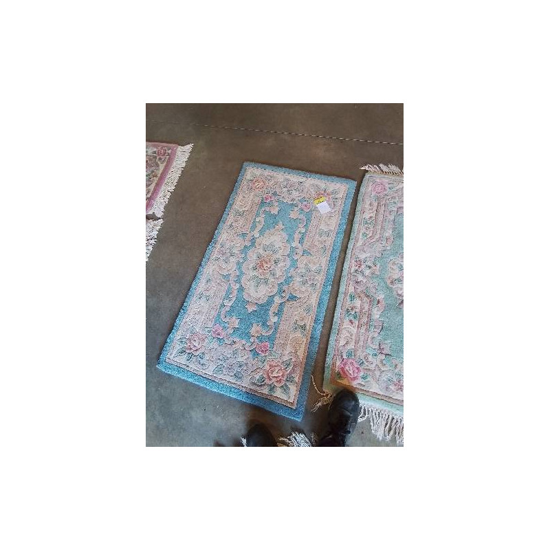 TAPIS LAINE FAIG MAIN BLEU ROSE ECRU 128X70CM
