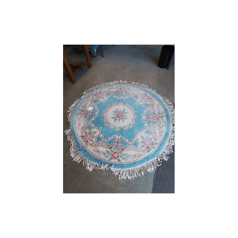 TAPIS ROND LAINE FAIT MAIN BLEU ECRU ROSE 148CM