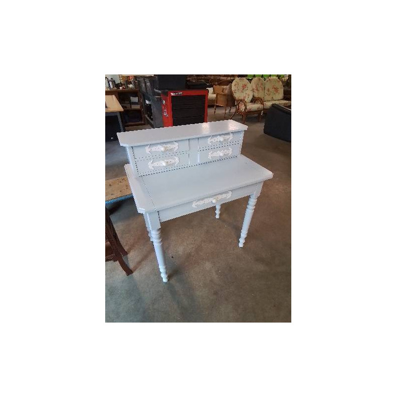 BUREAU A GRADIN BOIS PEINT BLEU 4 TIROIRS PIEDS TOURNÉS
