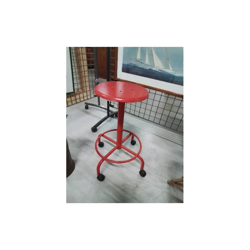 TABOURET D’ATELIER A ROULETTES MÉTAL ET BOIS ROUGE 