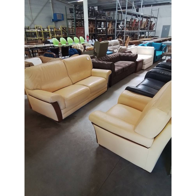 ENSEMBLE CANAPÉ 2 PLACES + FAUTEUIL BOIS ET CUIR JAUNE