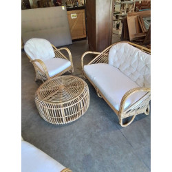 CANAPÉ+2 FAUTEUILS ROTIN ASSISE ET COUSSIN TISSU BLANC+ TABLE BASSE RONDE ROTIN PLATEAU VERRE