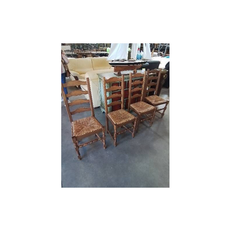 4 CHAISES A ENTRETOISE BOIS PAILLÉ DOSSIER 4 BARREAUX PIEDS BALUSTRE 