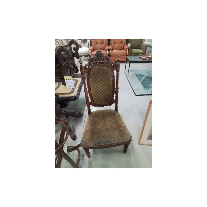 CHAISE BASSE BOIS SCULPTEE  ASSISE ET DOSSIER VELOURS BRONZE PIEDS TOURNÉS FIN XIXE EN L ETAT