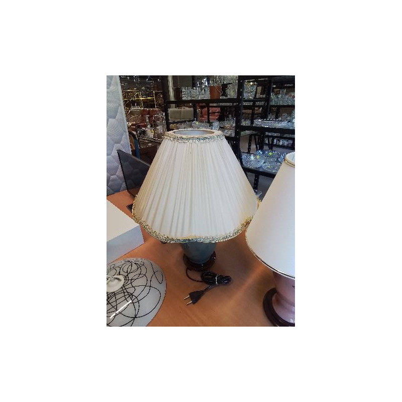 LAMPE CÉRAMIQUE BLEU SOCLE BOIS AJ VOLANT ECTU LISERÉ BLEU