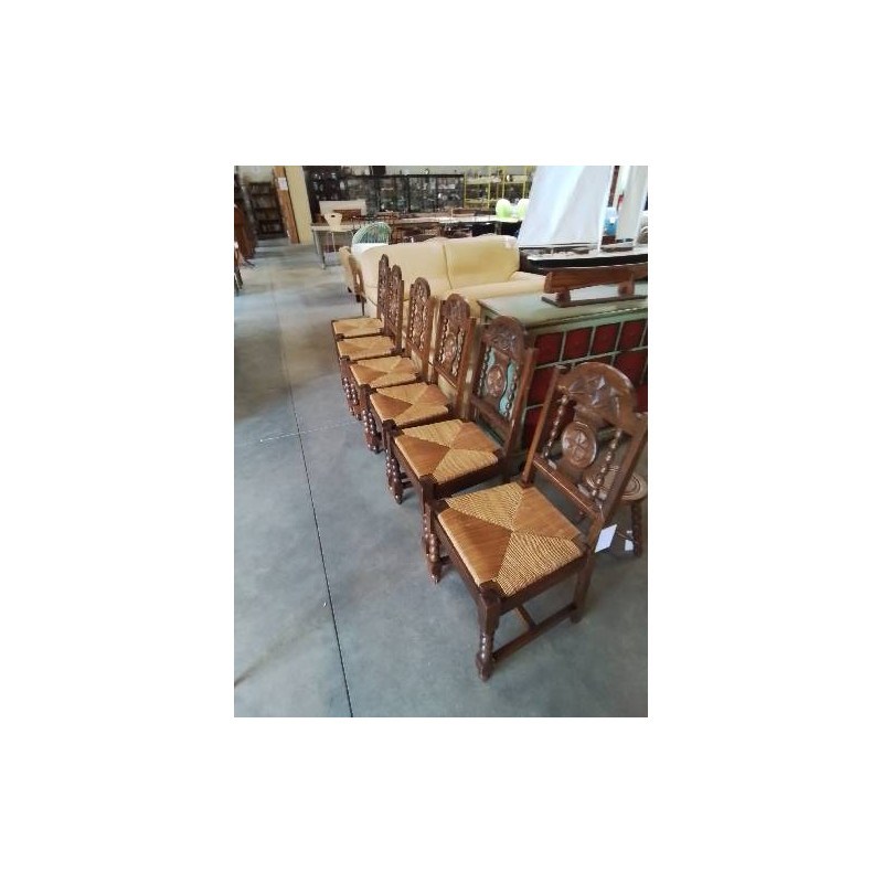 6 CHAISES BOIS PAILLÉ A ENTRETOISE DOSSIER CINTRÉ ET SCULPTÉ STYLE BRUTALISTE 