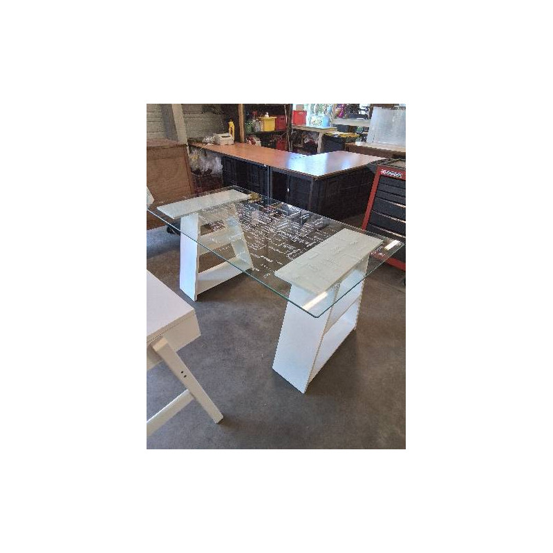 BUREAU RECTANGULAIRE SUR PIEDS BOIS BLANC 2 NICHE PLATEAU VERRE