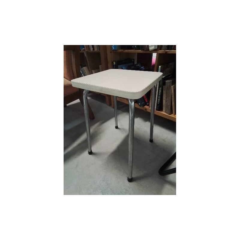 TABOURET CARRÉ PIÈTEMENT MÉTAL CHROMÉ ASSISE BOIS ECRU