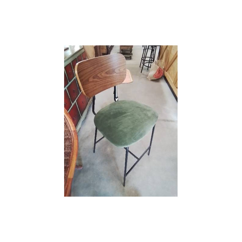 TABOURET DE BAR PIÈTEMENT MÉTAL NOIR DOSSIER BOIS ASSISE TISSU BRONZE