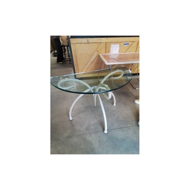 CONSOLE DEMI LUNE PIÈTEMENT ACIER FORGÉ PLATEAU VERRE