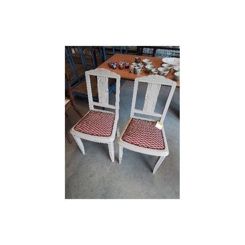 PAIRE DE CHAISES BOIS PEINT BLANC ASSISE TISSU BLANC ROUGE ART DÉCO 