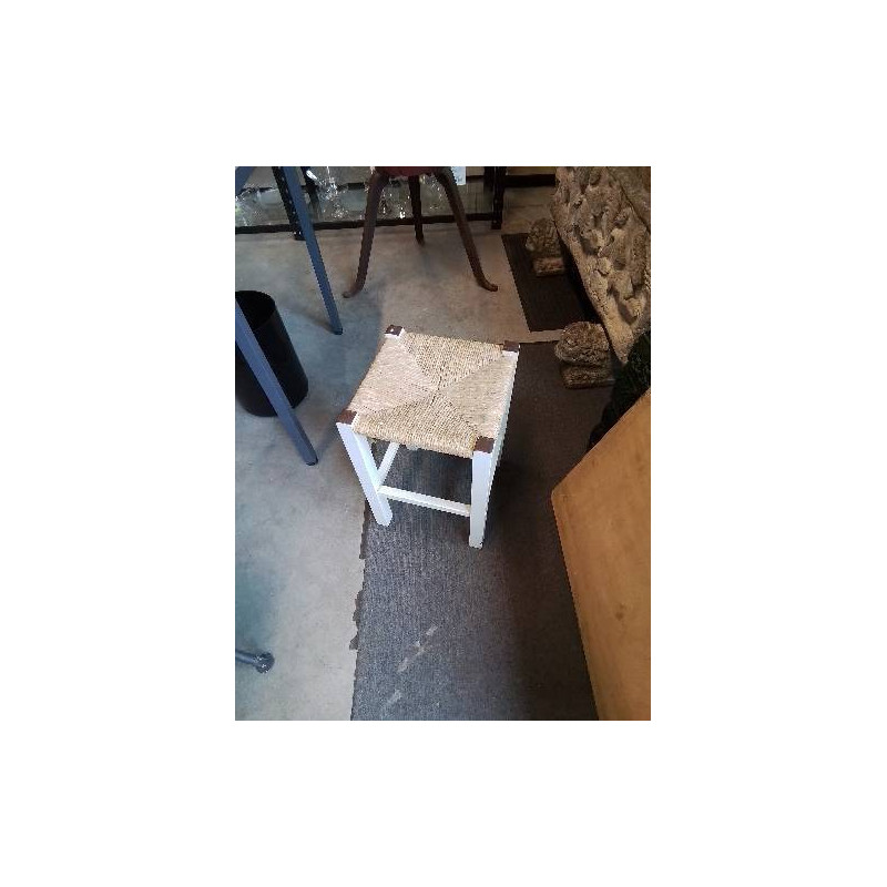 TABOURET BOIS PEINT ECRU PAILLÉ 