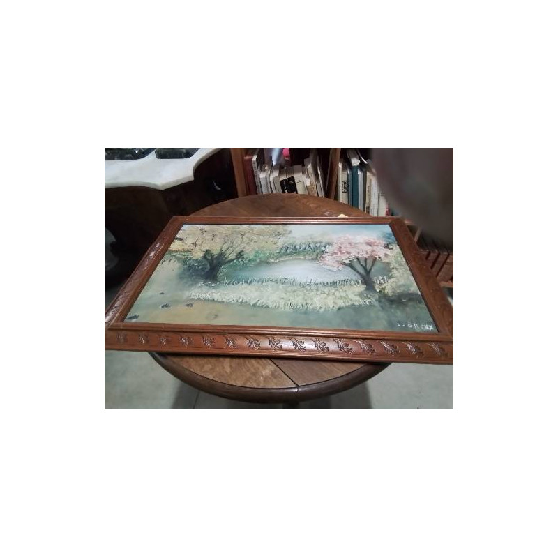 HUILE SUR TOILE ARBRES CADRE BOIS SCULPTÉ 76X50